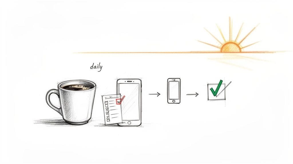 Hand-drawn image depicting a daily routine: morning coffee, a checklist being digitized onto a phone, and a completed task being checked off, showing app integration into daily habits.