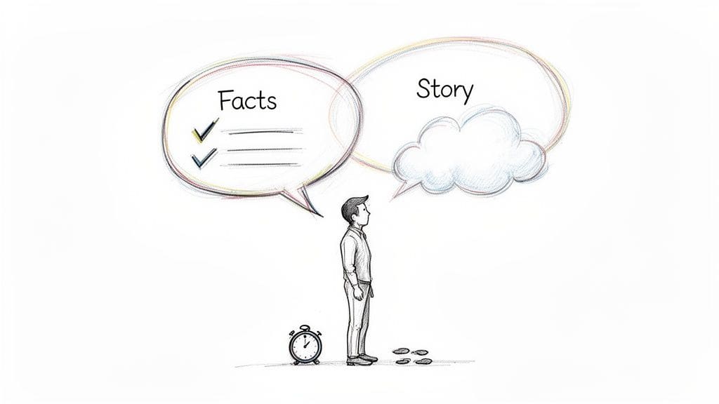 A person stands between thought bubbles labeled 'Facts' with a checklist and 'Story' with a cloud, illustrating the separation between objective facts and interpretations when trying to understand social situations.