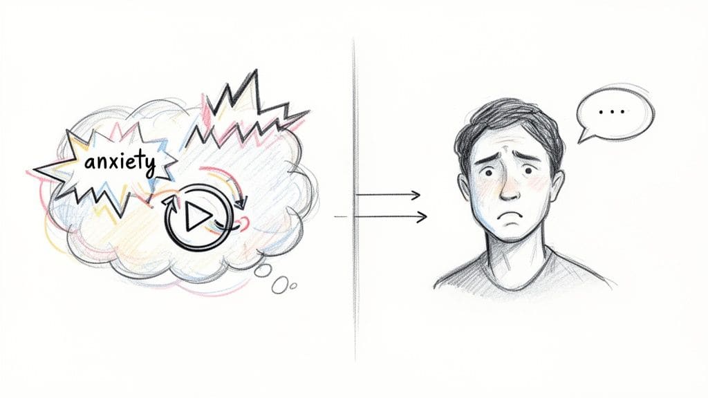 Anxiety thought loop illustration showing a distressed person trapped in a cycle of negative thoughts, symbolizing mental distress from misreading social situations.