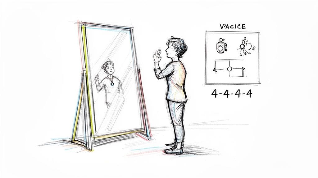 A person stands before a mirror, observing their reflection and practicing, with diagrams and the text 'PRACTICE' displayed, representing rehearsal for confident communication.