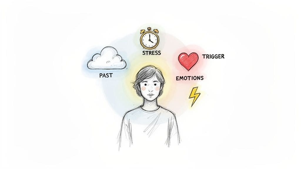 A person is surrounded by illustrations of past experiences, stress, emotions, and triggers affecting them, representing the invisible factors behind unexpected reactions.