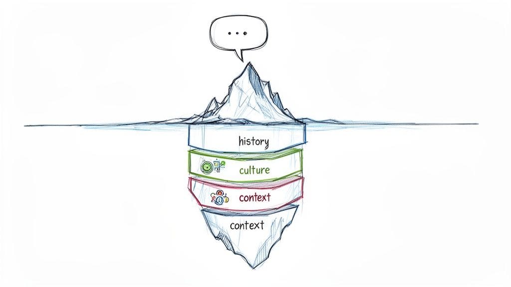 Iceberg diagram illustrates visible reactions above water influenced by hidden layers of history, culture, and context below the surface.