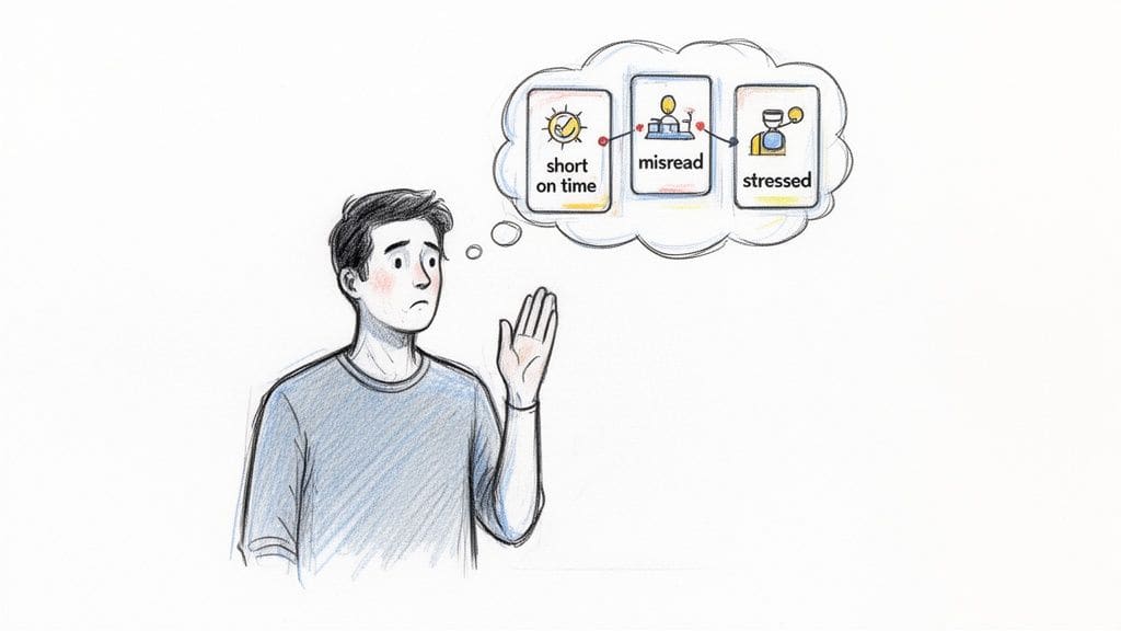 A concerned man visualizes alternative explanations in a thought bubble sequence: 'short on time', 'misread', and 'stressed', representing gentle reframing of someone's reaction.