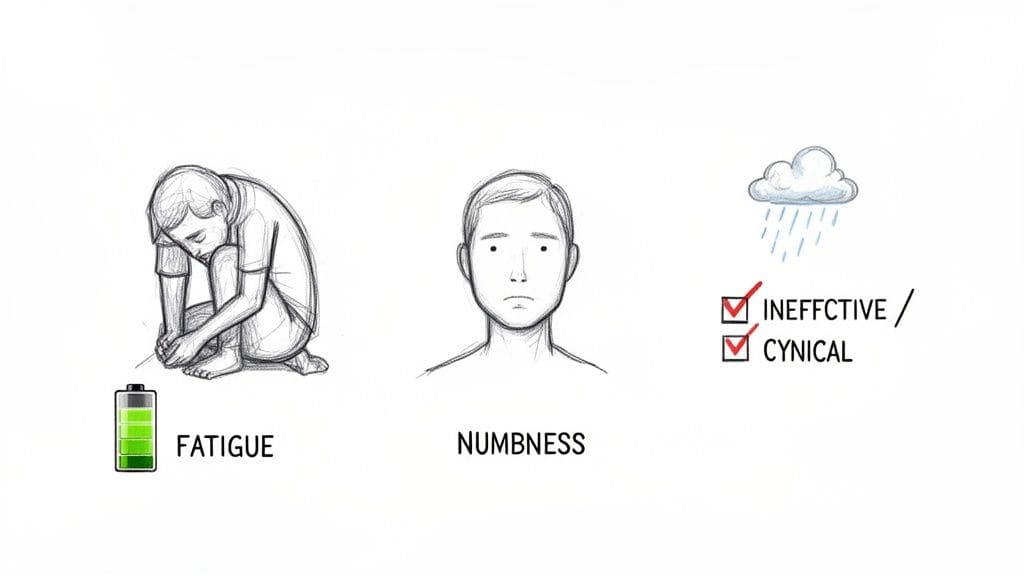 Drawings illustrating symptoms of emotional exhaustion: a tired person experiencing fatigue, emotional numbness shown with a blank expression, and feeling ineffective or cynical.