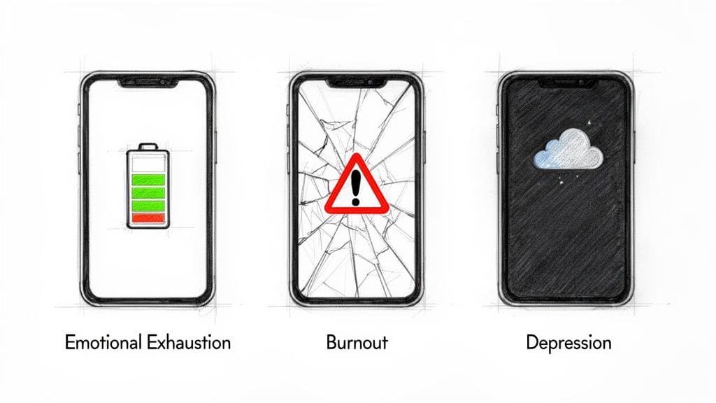Three phones illustrate emotional exhaustion with a low battery icon, burnout with a cracked screen and warning symbol, and depression with a dark screen and cloud, showing the differences between these states.