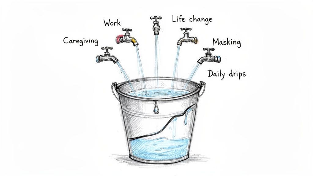 Illustration of a cracked bucket being filled by five spigots labeled with common life stressors like work pressure, caregiving, and daily demands.