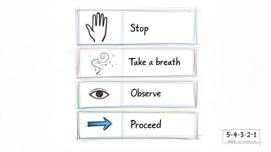 Diagram illustrating a mindful process with icons for Stop, Take a breath, Observe, and Proceed, representing the STOP method for managing emotional overwhelm.