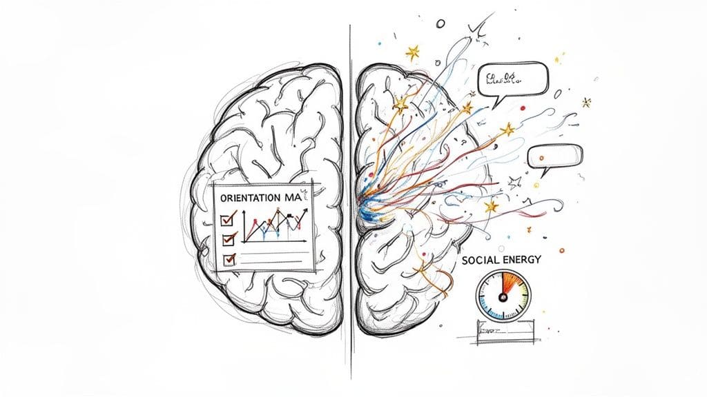 A sketched brain illustrating left hemisphere for logical orientation and data processing, right hemisphere for social energy and creativity, representing how ADHD affects social functioning.