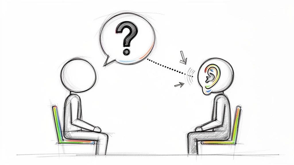 An illustration of effective communication showing one person asking a question and another listening carefully with a colorful ear, representing active listening skills.