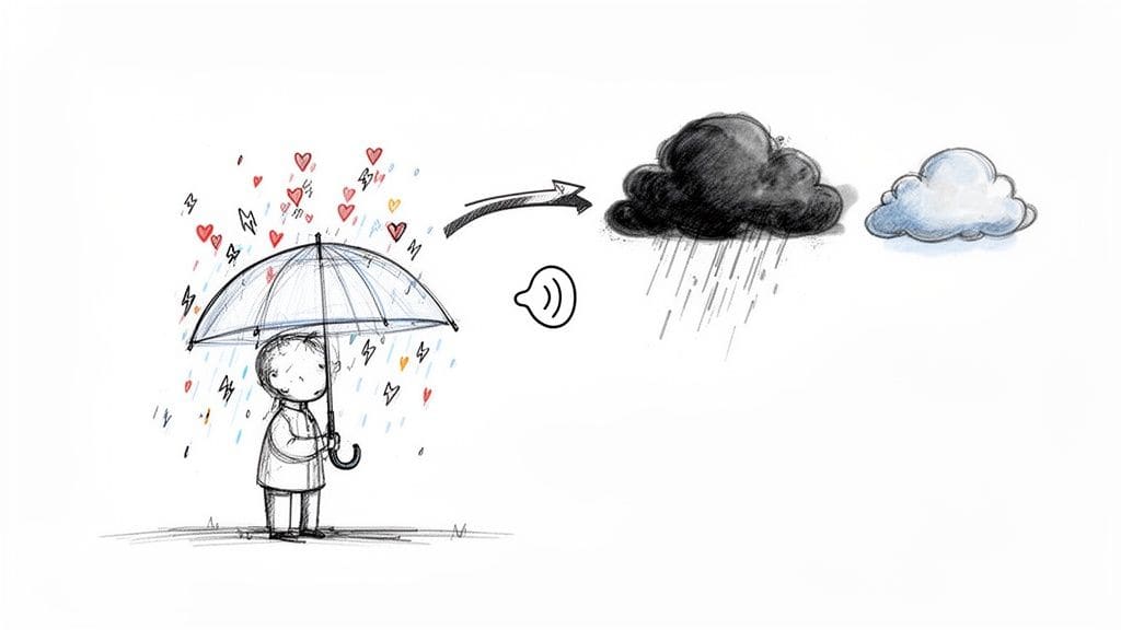 Illustration of a person with an umbrella under falling hearts, transforming a dark rejection cloud into a light acceptance cloud, representing building emotional resilience.