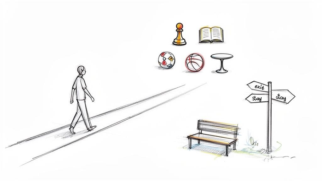 A person walks on a path towards a signpost with 'exit' and 'stay' options, surrounded by various objects representing life choices in maintaining friendships.