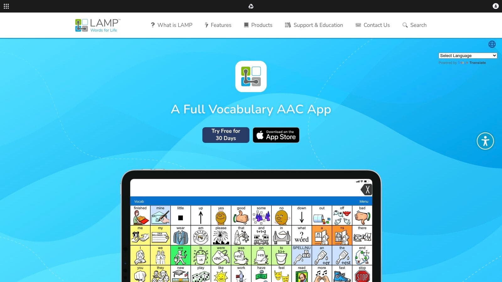 LAMP Words for Life app showing motor planning layout