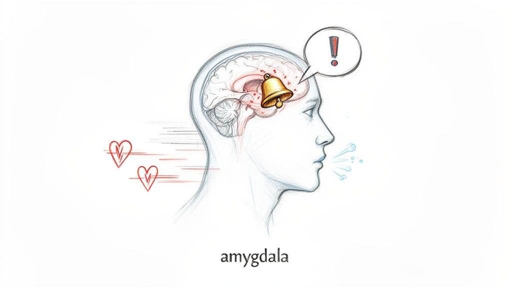 Illustration showing the brain's amygdala reacting with an alarm bell, accompanied by fast heart rate and rapid breathing icons, representing the biological stress response.