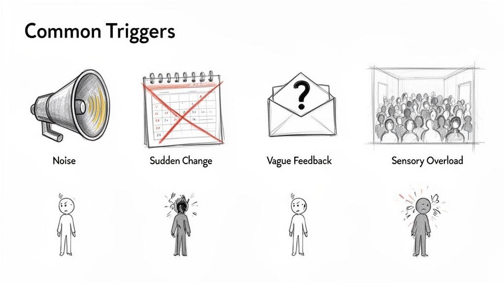A visual guide illustrating common triggers including noise icons, sudden change arrows, vague feedback symbols, and sensory overload indicators.