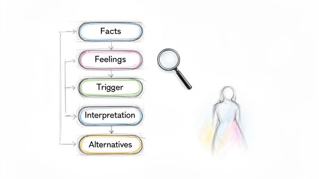 A flowchart illustrates steps to understand reactions: Facts, Feelings, Trigger, Interpretation, Alternatives, with a magnifying glass symbolizing analysis.