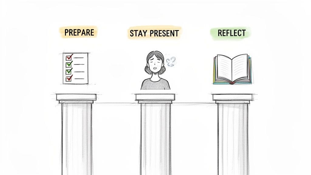 Illustration showing three pillars for coping with overthinking: prepare with a checklist, stay present with an anxious person icon, and reflect with an open book.