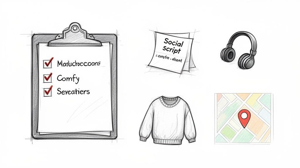 Hand-drawn icons representing event preparation: a checklist, social script, headphones, sweater, and map with location pin.