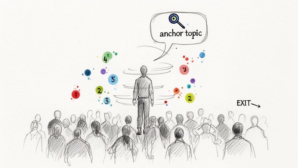 A speaker focuses on an 'anchor topic' amidst swirling numbered ideas before a crowd, illustrating how to stay focused during social events.