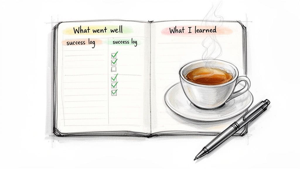 Hand-drawn image of an open notebook for success logging and learning, with a steaming coffee cup and pen nearby, representing mindful post-event reflection.