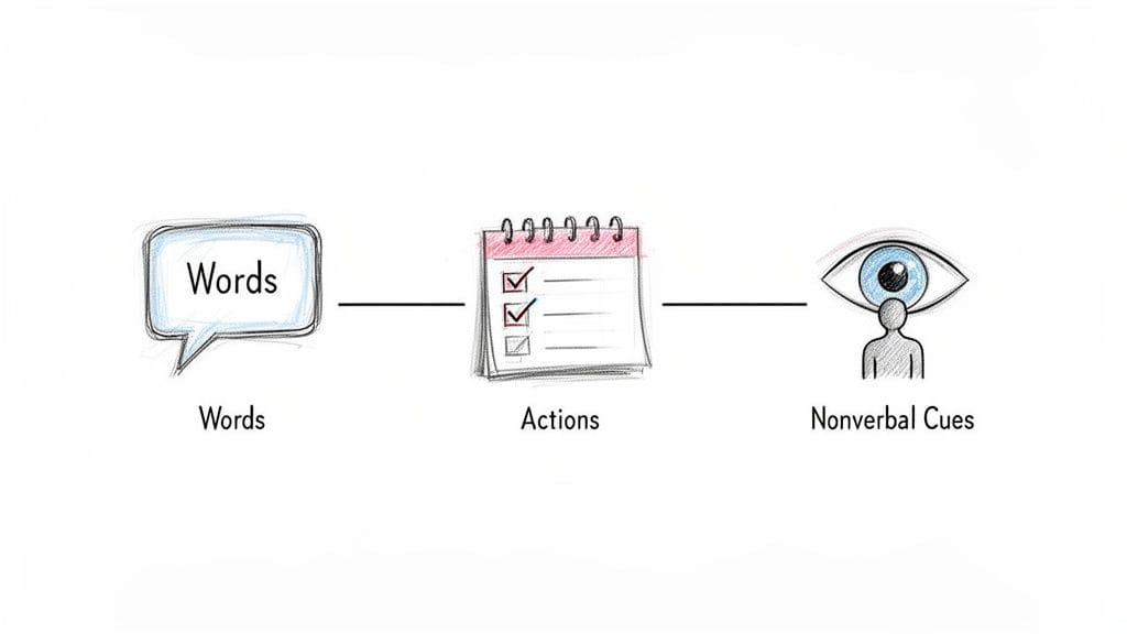 Diagram illustrating the progression from spoken words to observable actions and nonverbal cues, showing the three elements of understanding someone's seriousness.