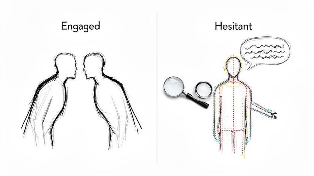 Illustrations comparing engaged body language with leaning figures and direct eye contact versus hesitant body language with a thoughtful person looking away and magnifying glasses.
