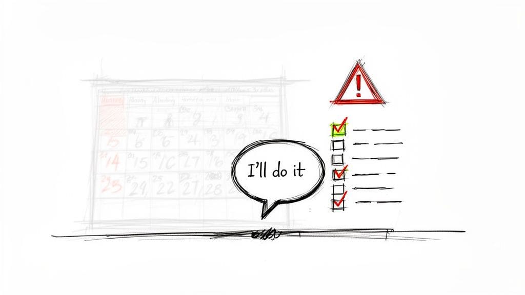 Sketch of a calendar, a checklist with check marks, warning sign, and 'I'll do it' speech bubble, illustrating the disconnect between promises and follow-through.