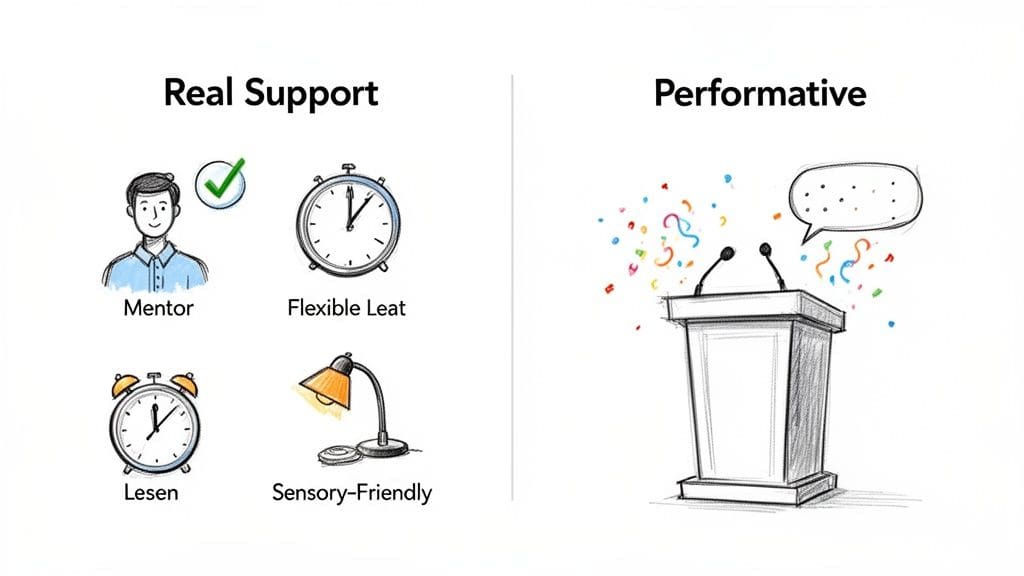 A diagram comparing 'Real Support' with mentor icon, flexible time clock, and sensory-friendly space versus 'Performative' actions showing empty speeches at a podium.