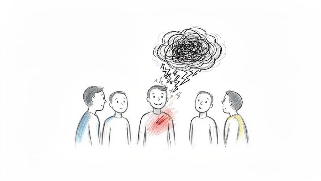 A man in a group with a chaotic thought cloud and lightning above his head, signifying mental stress and overwhelm in social situations.