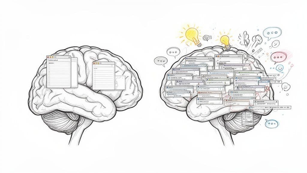 Illustration of two brains side by side, one calm with few notes, the other busy with many overlapping windows and ideas representing sensory processing differences.