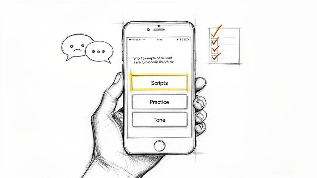 Sketch of a hand holding a smartphone with communication app options, a sad chat bubble, and a checklist for managing difficult conversations.
