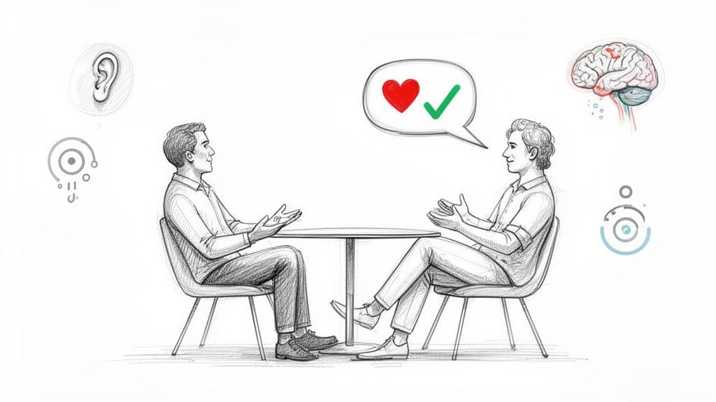 Pencil drawing of two men discussing, showing symbols for listening, thinking, and agreement representing effective communication in relationships.