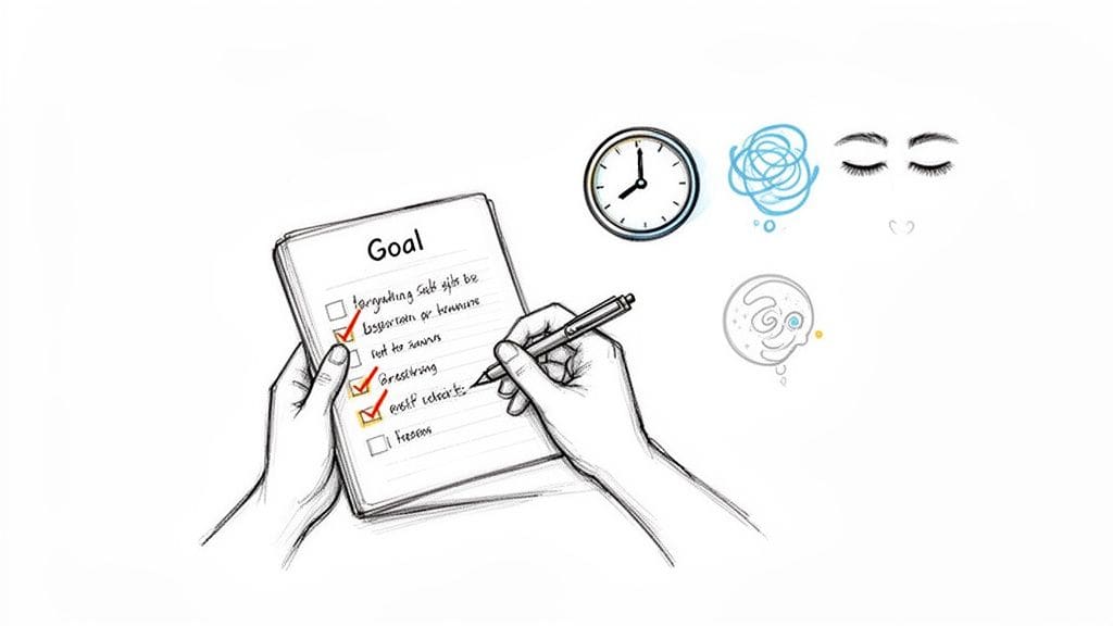 Hands checking off goals on a checklist with a pen, surrounded by time, stress, and thought symbols representing preparation for difficult conversations.