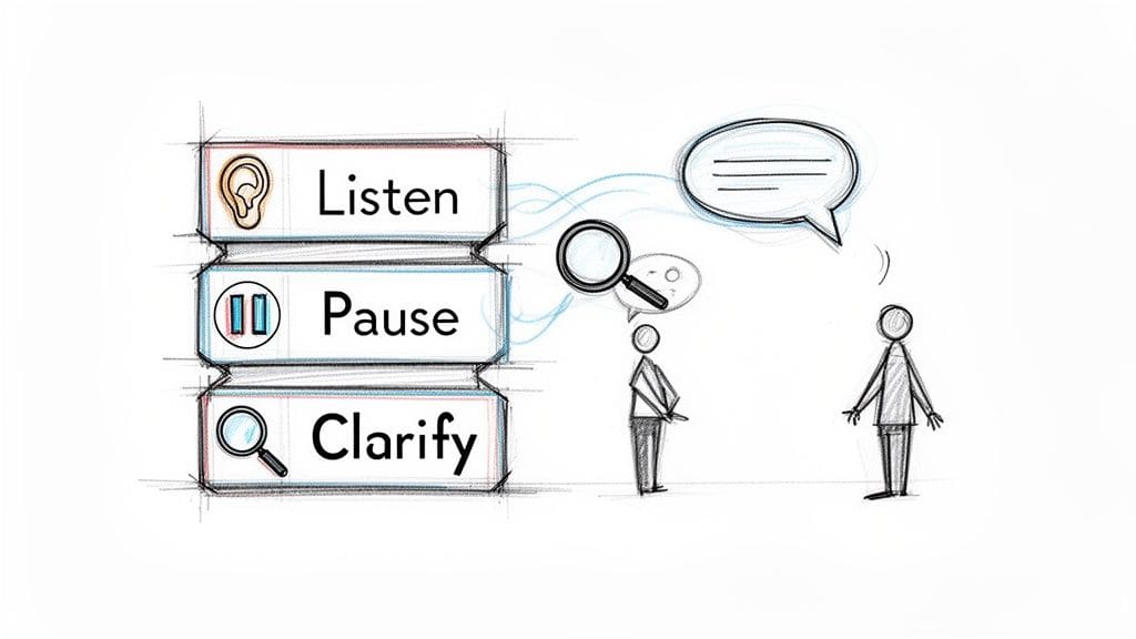 Illustration showing a three-step communication process: Listen, Pause, Clarify, with two stick figures interacting to demonstrate effective dialogue.