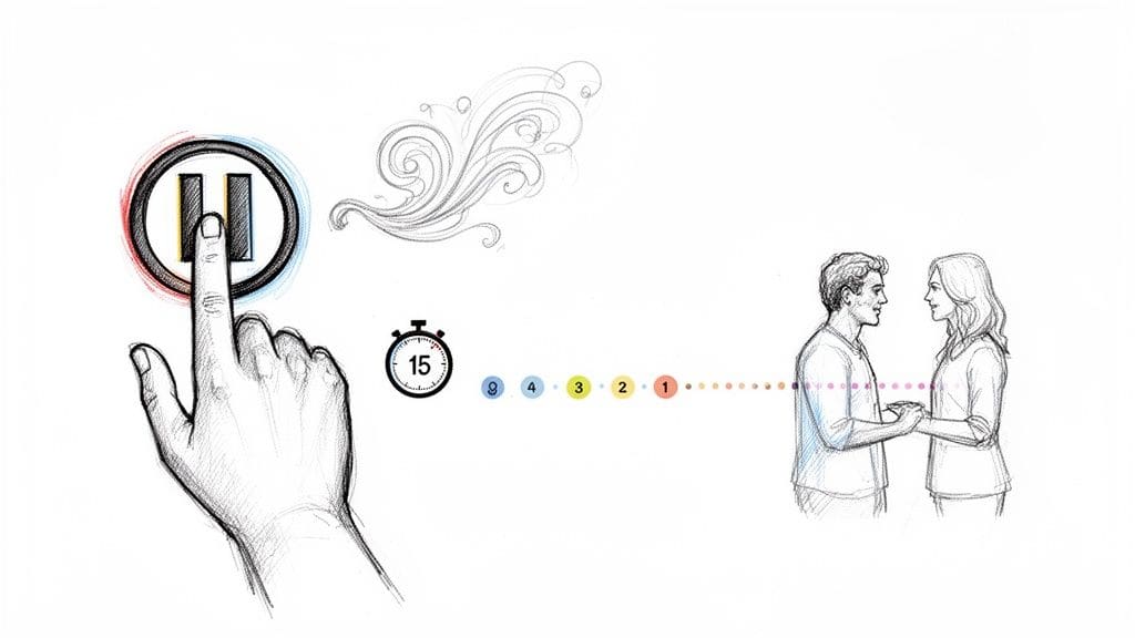 A hand presses a pause button, a timer shows 15 minutes, and a couple holds hands, symbolizing taking a relationship pause during conflict.