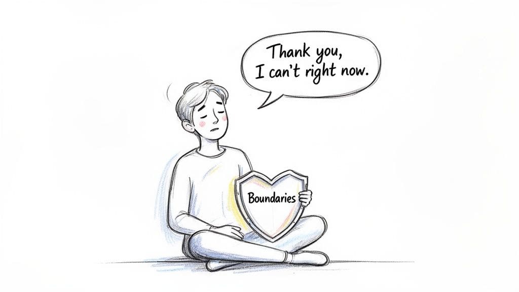 A person holds a shield with 'Boundaries' written on it, politely declining a request with 'Thank you, I can't right now.'