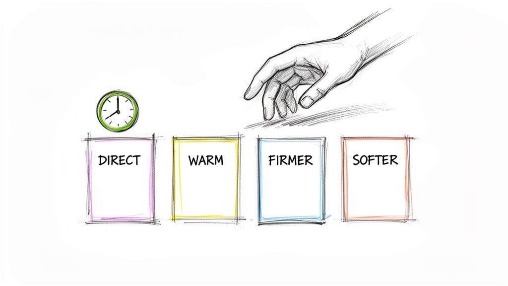 A sketched hand hovers over four choices: Direct, Warm, Firmer, Softer, next to a clock representing decision-making.