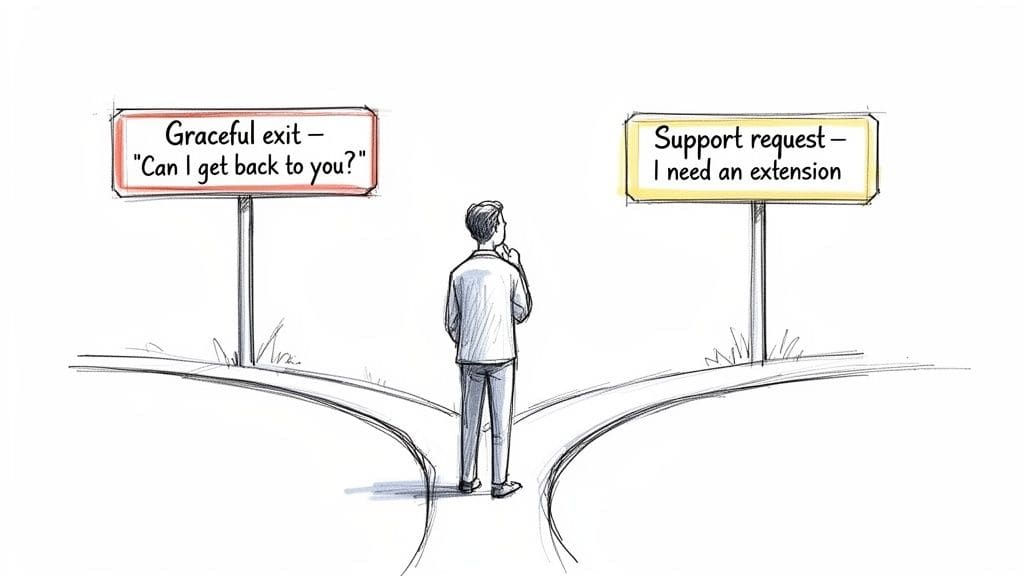 Illustration of a person at a crossroads, choosing between a graceful exit or requesting an extension for time to decide.
