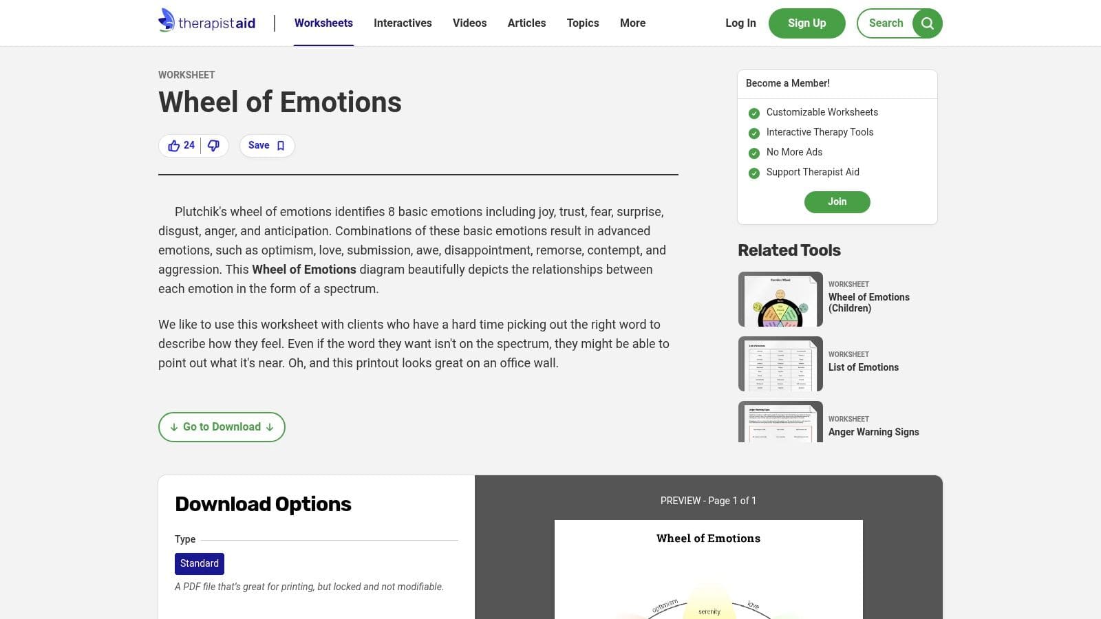 A screenshot of the Therapist Aid website showing the Plutchik-style Wheel of Emotions worksheet, featuring distinct colors and emotion dyads.