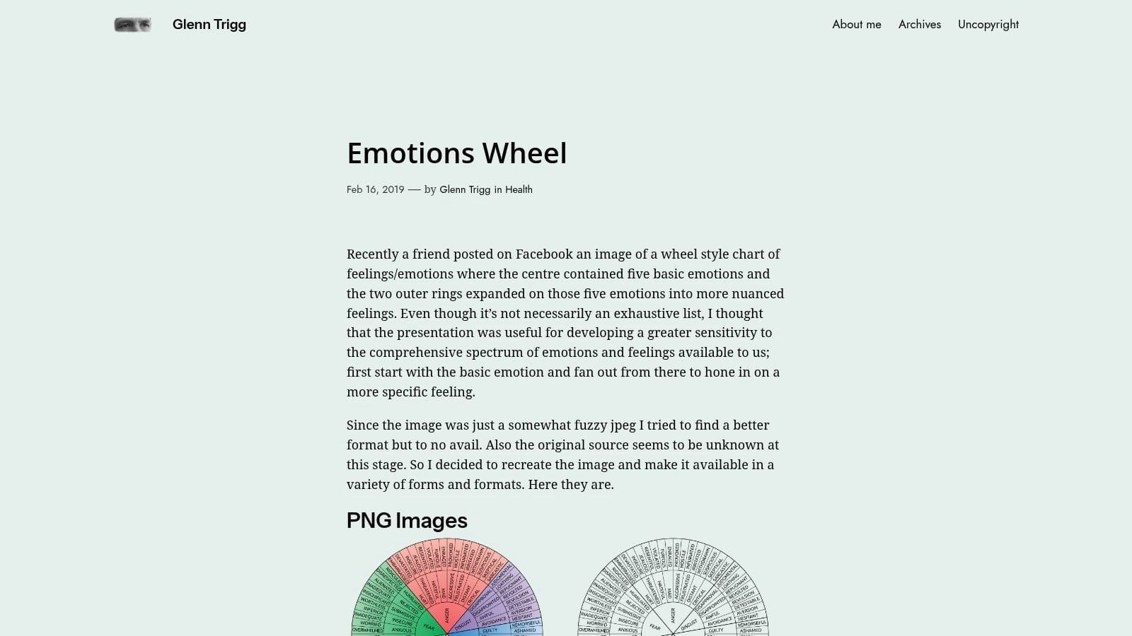 A screenshot of Glenn Trigg's blog post featuring the Emotions Wheel PDF, with download links for color and white-background versions.