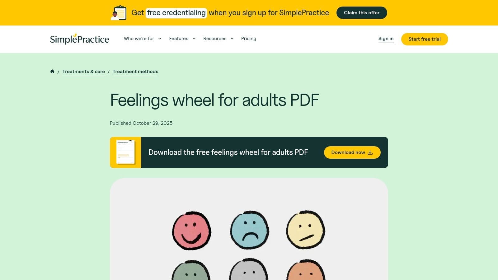 A screenshot of the SimplePractice website showing a downloadable feelings wheel PDF and a guide for therapists.