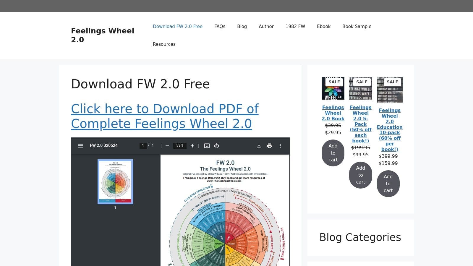 A screenshot of the Feelings Wheel 2.0 website showing a modern, clean feelings wheel design ready for PDF download.