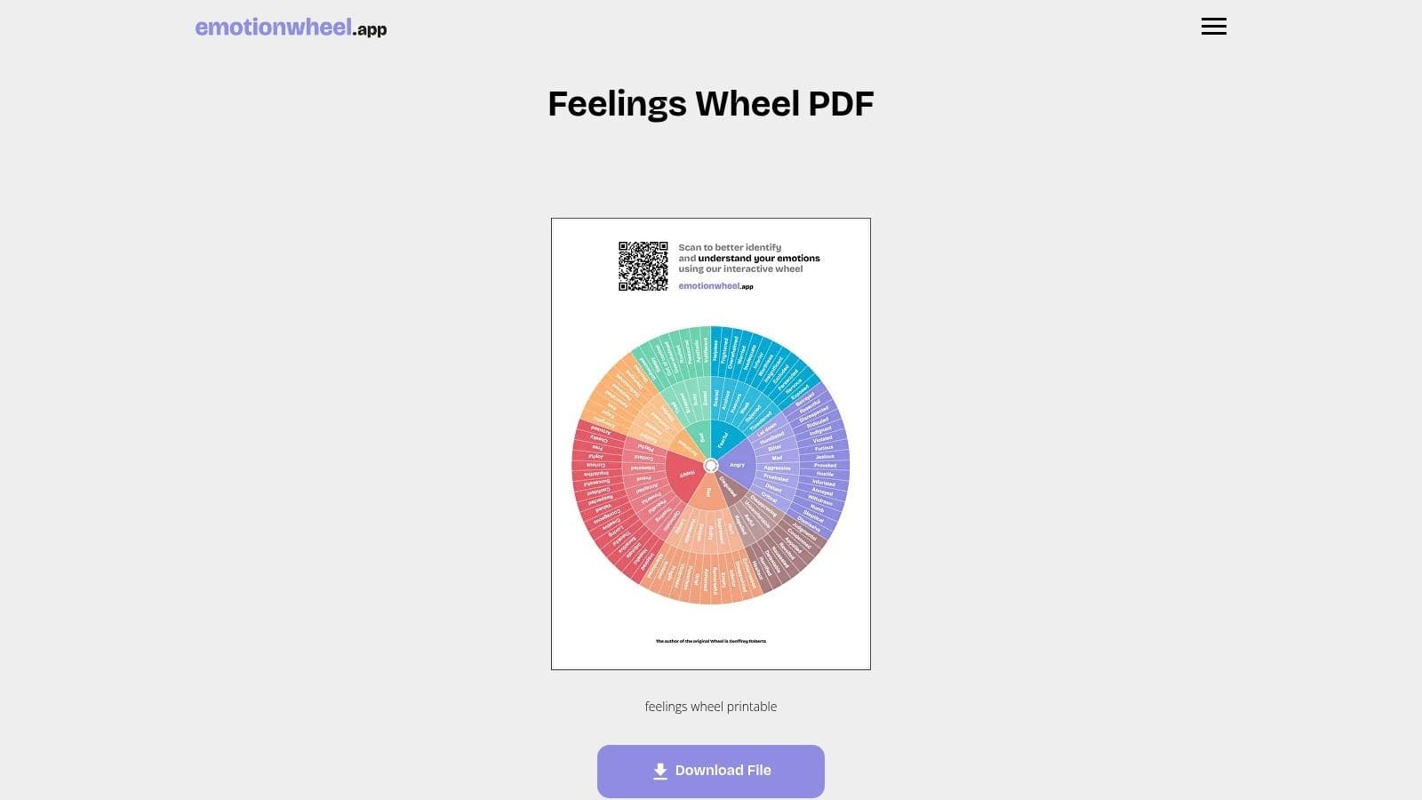 EmotionWheel.app website showing direct download links for multiple feelings wheel PDF versions including a Find Calm variant.
