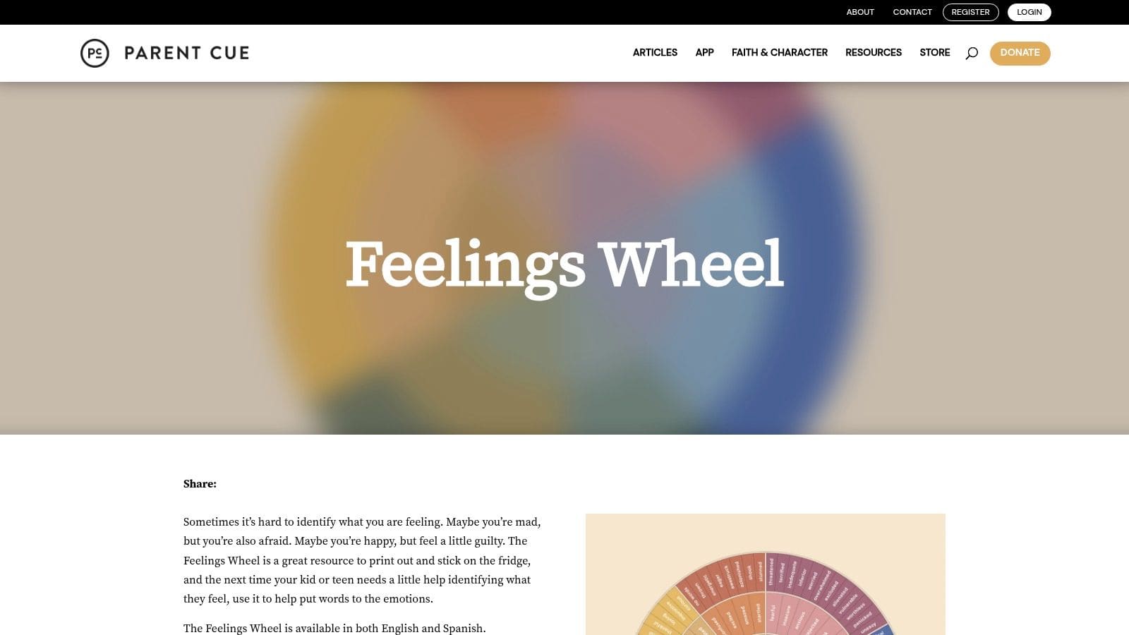 A screenshot of the Parent Cue website showing a colorful feelings wheel with concentric circles of emotions, available for download.