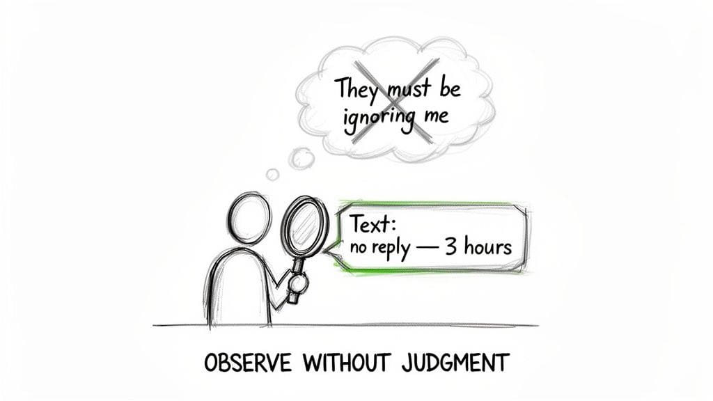A person observes a text message without judgment, crossing out the thought 'They must be ignoring me' to focus on facts.