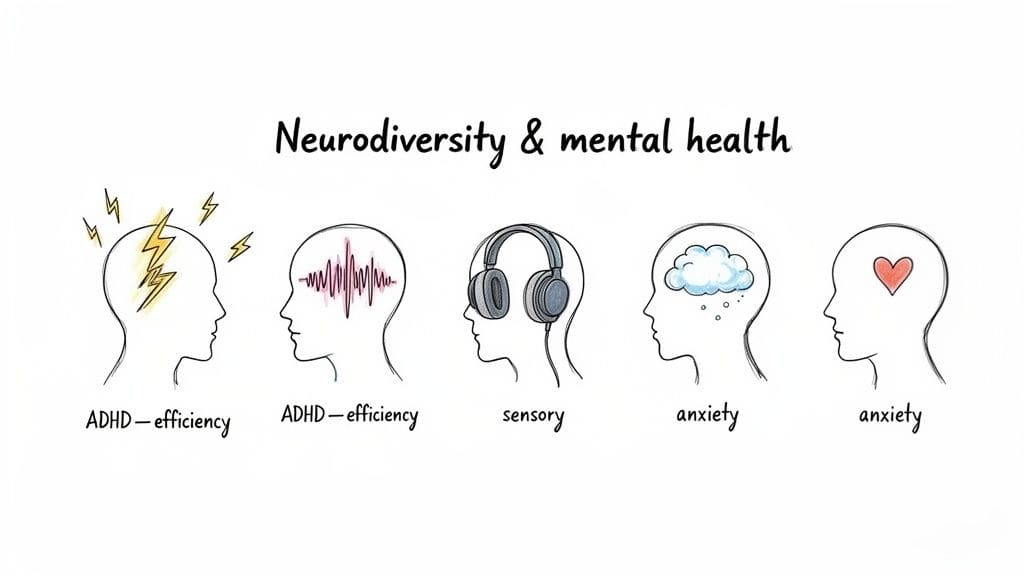 Illustrations of five heads depicting neurodiversity and mental health concepts like ADHD, sensory issues, and anxiety affecting behaviour.