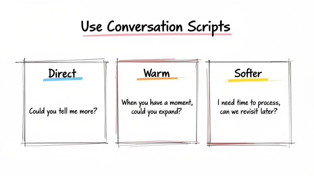 Three conversation script examples: Direct, Warm, and Softer, offering different communication approaches for understanding behaviour.