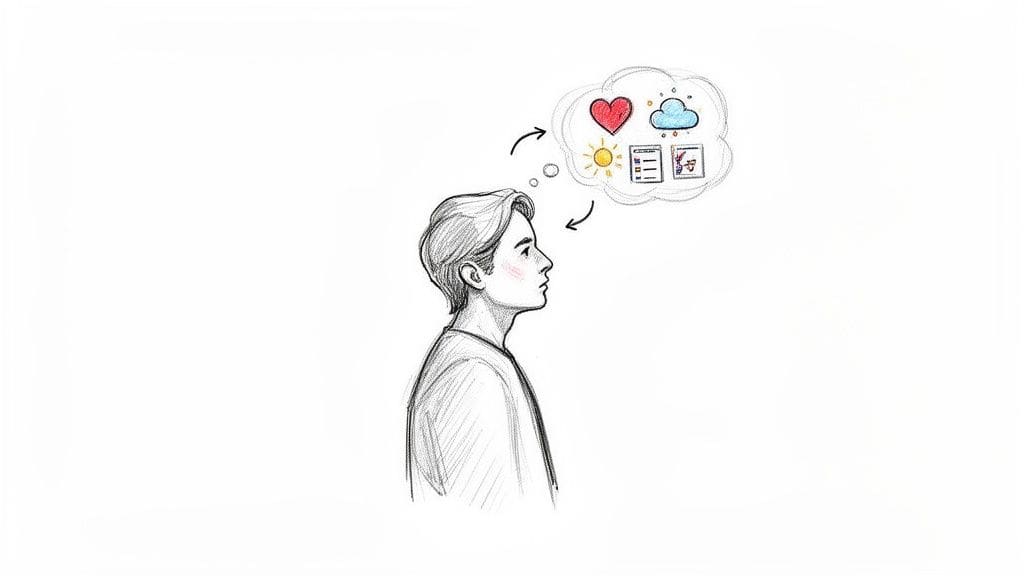 A person's profile sketch with a thought bubble showing heart, weather, and task symbols representing mental state awareness.