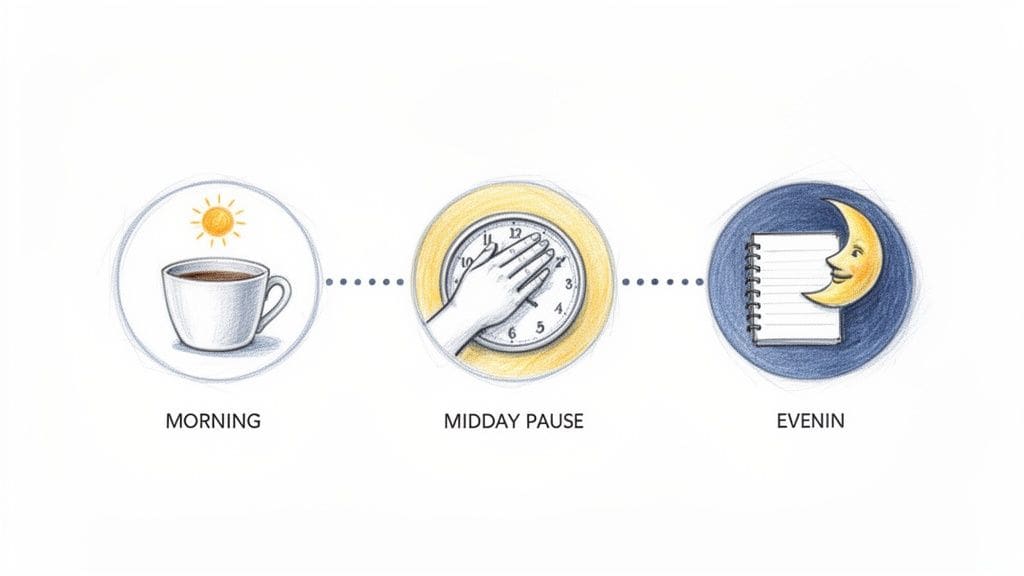 Three illustrations depicting a daily routine: morning coffee, a midday pause, and evening journaling for mood check-ins.
