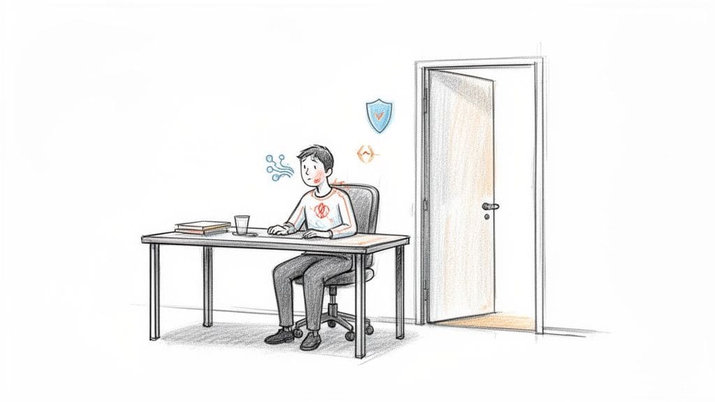 Illustration of a man at a desk, looking unwell with symbols for illness and protection, showing the importance of workplace mood awareness.