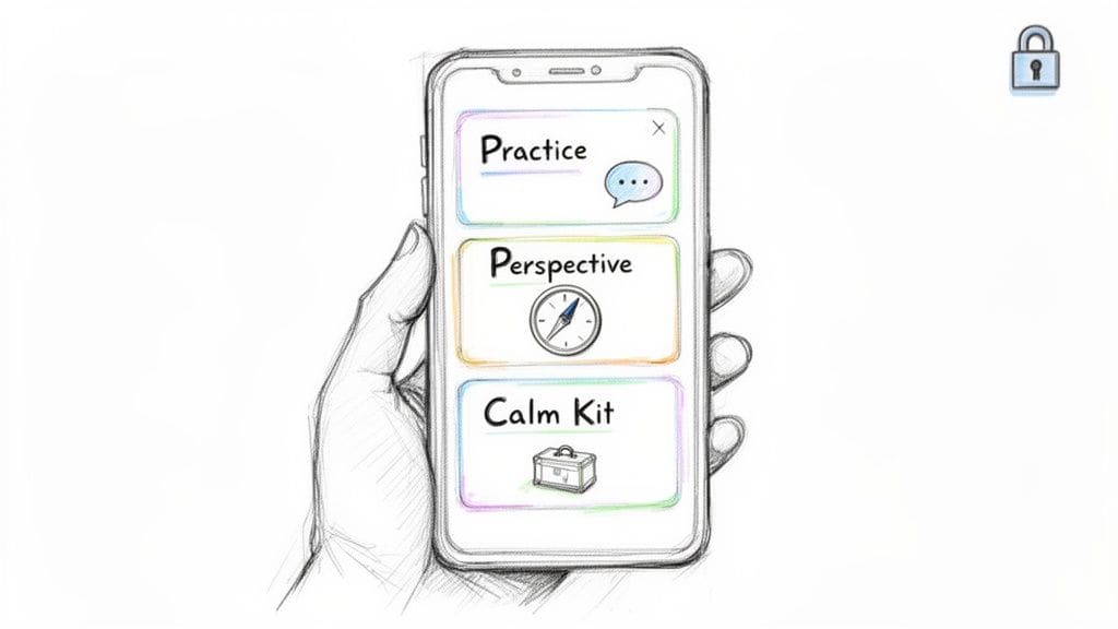 A hand holds a smartphone displaying app cards: Practice, Perspective, Calm Kit. A lock icon is visible showing privacy features.
